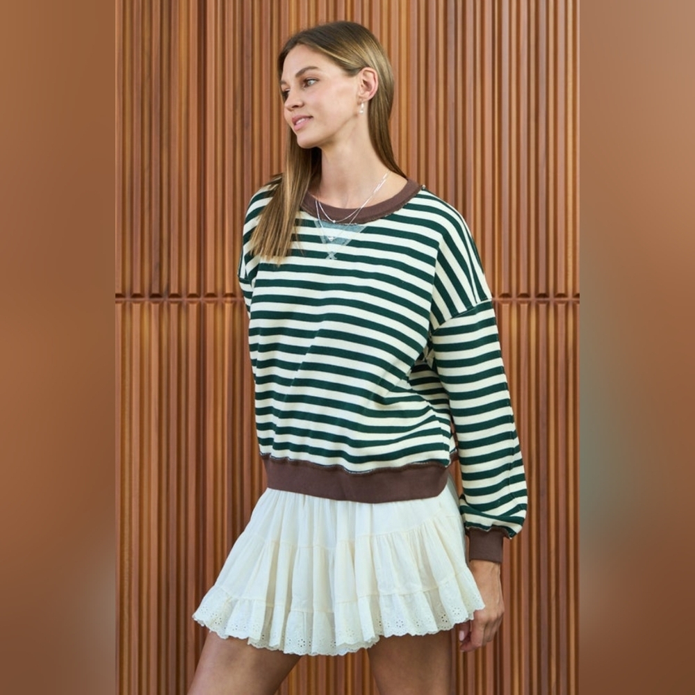 NWT The GREII Striped Green and Off White Round Neck Sweatshirt Sz Small S